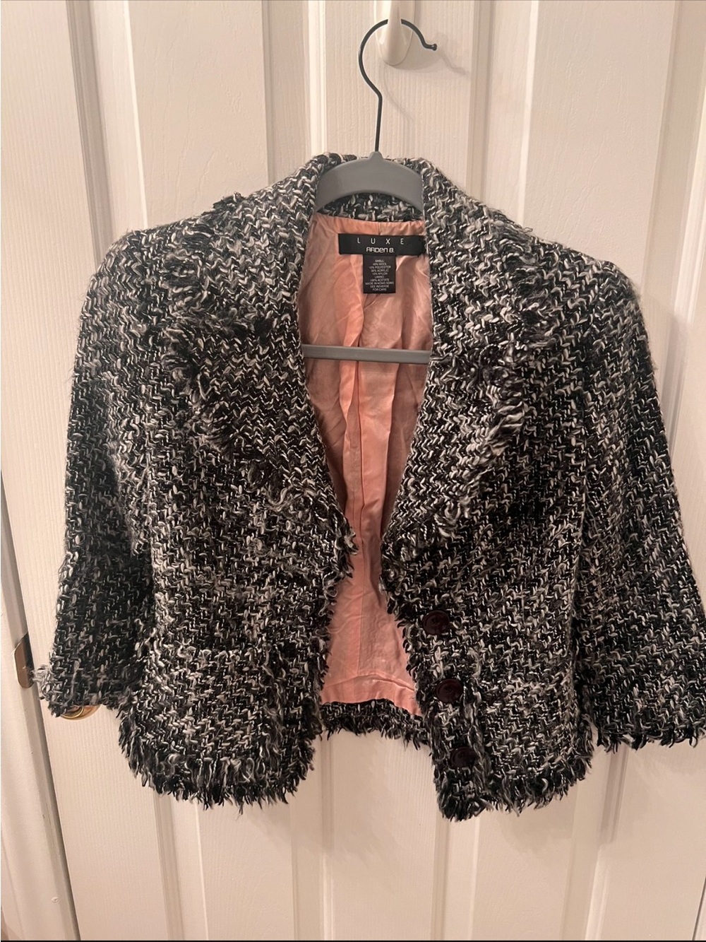 Luxe Arden B Black & White Bouclé Cropped Jacket with Pink Lining